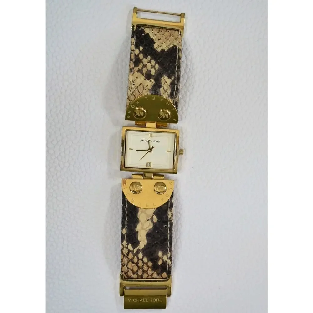 Michael Kors MK2114 Gold Square Watch Brown Python Snake Leather Band Date Dial